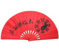 036 Ventaglio Rosso Tessuto Yin Yang Legno Cina Caratteri Tai Chi QI Gong