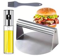 081 Store - Pressa per Hamburger in Acciaio Inossidabile, 14 cm Smash Burger Press + Spruzzatore Olio Spray in Acciaio Inox 100ml + Pennello da Cucina in Silicone