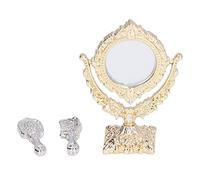 1:12 Specchio da bambola in miniatura e set di pettine Accessori per vanità decorativi portatili per mobili per bagno o camera da letto ideali per hobbisti, collezionisti e (Golden round shape)