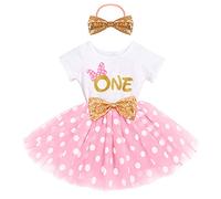 1° / 2° / 3° compleanno ragazza vestito manica corta principessa tutù in tulle + fascia con paillettes set di abbigliamento 2 pezzi, Rosa-Minnie One, 2 Anni