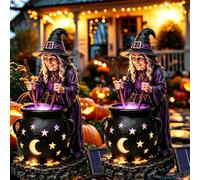 1/2 PCS Halloween Witch Glowing Cauldron Solar Light, Solar-Powered Outdoor Resin Witch Figurine Holiday Decorations with Ground Stake, for Porch And Pathway DéCor, Outdoor Garden，2pcs