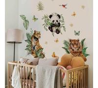 1/2 pezzi Adesivi murali grandi a tema cartone animato, dinosauro sull'erba verde, panda, tigri, leopardi che giocano tra i cespugli, animali che dormono, luna e stelle, animali impilati come regalo,