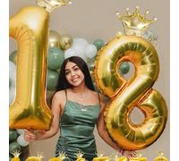 1/2 pezzi Palloncini a forma di numero gigante da 40 pollici in foil, palloncini con numeri in colore oro e mini corone dorate, adatti per feste di 1°, 10°, 16°, 18°, 20°, 21°, 25°, 30°, 35°, 40°, 45°