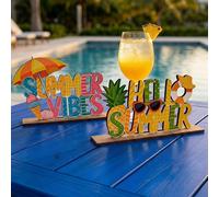 1/2 pezzi Set di decorazioni da tavolo in legno per l'estate - "Summer Vibes" & "Hello Summer" Stile tropicale costiero, decorazioni in legno per feste, adatte per soggiorno, tavolino da caffè, davanz