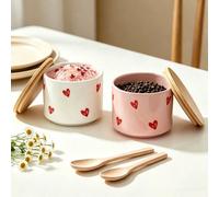 1/2 pezzi Set elegante di ciotole per condimenti a forma di cuore in ceramica con coperchi e cucchiai in bambù, adatto per il piano di lavoro della cucina e il fornello, regalo romantico per signore e