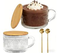 1/2 pezzi Tazza di vetro vintage per latte, tazza da tè trasparente con coperchio e cucchiaino, adatta per cappuccino, latte, cereali, yogurt, bevande, regalo per la festa della mamma 1 pz,2 pezzi,12