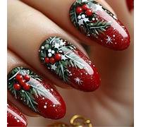 1. 24 unghie finte rosse glitterate corte con design a bacche scintillanti per feste di festa, facili da applicare, unghie finte festive