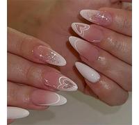 1. 24PCS Almond Press On Nails White Heart Glitter French Design Reusable For Women Daily Party Glossy Press On Nail For Daily Wear