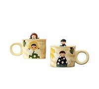 1/2PCS Carino Ragazzi E Ragazze Coppia Tazza di Acqua Tazza di Ceramica Con Coperchio e Maniglia Tazza Colazione Tazza di Caffè Al Latte for ristoranti/Caffè Per Anniversario Matrimonio(2PCS Beige)