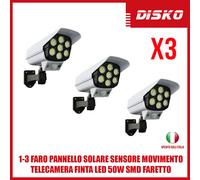1-3 FARO PANNELLO SOLARE SENSORE MOVIMENTO TELECAMERA FINTA LED 50W SMD FARETTO