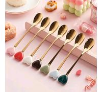 1/3 pezzi Cucchiaini da dessert di lusso in acciaio inossidabile placcato oro - Set da 6 pezzi | Cucchiaini da tè con manico in ceramica | Per ristorante, caffè, festa, dessert, espresso, frappè, marm