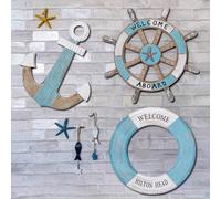 1/3 Pezzi Set di decorazioni da parete a tema nautico - Ancora in legno, timone e salvagente con stampe "Benvenuti a bordo" e "Barca"; Decorazioni da parete estive a tema oceano; Decorazioni da parete