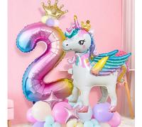 1/33 pezzi Set di palloncini per compleanni a tema Unicorno e Arcobaleno, include 1 palloncino in piedi a forma di Unicorno da 25", palloncini con numeri a arcobaleno da 0 a 9, palloncini foil con scr