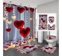 1/4 set, Tenda da bagno piatta romantica con stampa a cuore per San Valentino, include tappetino antiscivolo assorbente e 12 ganci a forma di C, decorazione domestica elegante e pratica come regalo 18
