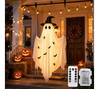 1,5 m pre-assemblato Halloween appeso fantasma su altalena decorazioni | Telecomando 8 modalità di illuminazione, cappello da strega, occhi luminosi a pipistrello ragno, sedile in legno massello