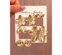 1/5 Paia di orecchini a perno alla moda in oro con fiore a 5 petali, foglia, goccia, cerchio, cuore, set adatto per uso quotidiano delle donne, ottimo regalo per amici e famiglia (materiale in plastic