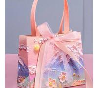 1/5 pezzi Sacchetto regalo in carta con pittura a olio 3D e nastro, sacchetto regalo portatile in carta con manico, stile crema con montagna di nuvole e petali, sacchetto regalo per compleanno, sacche
