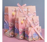 1/5 pezzi Sacchetto regalo in carta con pittura a olio 3D e nastro, sacchetto regalo portatile in carta con manico, stile crema con montagna di nuvole e petali, sacchetto regalo per compleanno, sacche