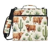 1.5 Pollici 3 Ringing Zip Portfolio con Tracolla Acquerello Highland Cow Cactus Impermeabile per Studente Medio Encuadernador de cartera