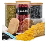 1.5L Barattoli Vetro, Set di 4 Barattoli Cucina, Contenitori Ermetici per Alimenti con Coperchio di Bambù, Vasetti Vetro per Cibo, Cereali, Biscotti, Fagioli, Pasta