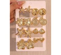 1/8 Paia di orecchini e perni alla moda con stelle marine dorate, conchiglie, conchiglie, fiori a cinque petali, cuori, rotondi, plumeria, adatti per viaggi estivi e vacanze, il miglior regalo per ami