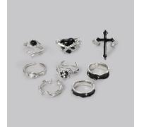 1-8 pezzi/Set Anello aperto asimmetrico a forma di cuore e croce con spine, nero e argento, stile punk harajuku gotico, accessori vintage anni '90 Y2K grunge per coppie, ritorno a scuola Lega di zinco