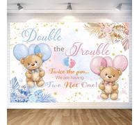 1,8 x 1,2 m Double The Trouble Twice The Fun We are Having sfondo blu rosa orso rivelare fotografia sfondo baby shower banner decorazione per feste Photo Booth puntelli