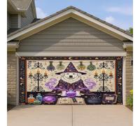 1,8 x 4 m Halloween Witch Great Pyrenees Dog Garage Door Banner Cover, Retro Fun Magic Witchy Portico Indoor Outdoor Wall Art Decor Decalcomania Fotografia Spettrale Foto Sfondo Appeso