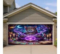 1,8 x 4 m Halloween Witch Russian Blue Cat Garage Door Banner Cover, Witchy Kitten Scary Tarocco Pattern Indoor Outdoor Wall Art Decalcomania Decorazione, Fotografia Spettrale Foto Sfondo Appeso