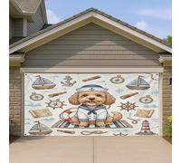 1,8 x 4 m Nautical Cockapoo Dog Navy Garage Door Banner Cover, Summer Puppy Ship Route Pattern Indoor Outdoor Wall Art Decor Decor Cool Photography Photo Background Hanging