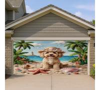 1,8 x 4 m Summer Cockapoo Dog Beach Garage Door Banner Cover, Palm Coastal Puppy Beachy Pattern Indoor Outdoor Wall Art Decor Tropical Photography Photo Background Hanging