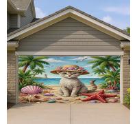 1,8 x 4 m Summer Devon Rex Cat Beach Garage Door Banner Cover, Palm Coastal Kitten Beachy Pattern Indoor Outdoor Wall Art Decor Tropical Photography Photo Background Hanging