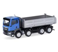 herpa Modellino camion MAN TGS NN ribaltabile 4 assi, blu/argento, miniatura in scala 1:87, da collezione, Made in Germany, in plastica