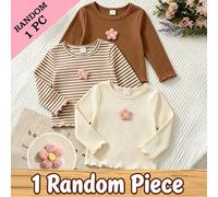 1 articolo casuale tra 3 top aderenti a maniche lunghe con costine, volant floreali 3D e bordo arricciato per ragazze giovani, autunno 6Y,7Y,4Y,5YA strisceTessuto