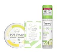 1 balsamo cremoso multiuso all'agrume 50 ml, 1 sapone esfoliante delicato al rosmarino e limone 100 g, 1 deodorante spray al lime 75 ml