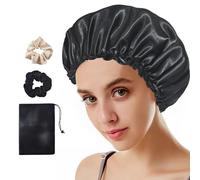1 berretto da notte in raso elasticizzato con 2 elastici e 1 custodia, copricapo regolabile per berretto da notte, berretto per capelli in raso, copricapo in seta elasticizzata per donne (nero)