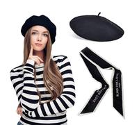 1 berretto francese con 1 sciarpa di seta, berretto da donna, retrò, morbido e leggero, accessorio di moda, adatto per incontri con gli amici, decorazione per feste (nero), Nero , M