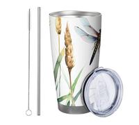 1 bicchiere botanico a forma di libellula, foglia acquerello, pannocchie di grano, cottage, giallo, verde, metallo, riutilizzabile, senza fuoriuscita, infrangibile, per cortile, picnic, palestra, con