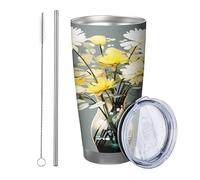 1 bicchiere botanico bohemien artistico astratto in vetro con motivo floreale e foglie, grigio, giallo, bianco, verniciato a polvere, caldo e freddo, senza fuoriuscite, per la scuola, il college