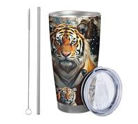 1 bicchiere con motivo di tigre, motivo luna, montagna, stelle, cielo notturno, design artistico, in metallo giallo e bianco, riutilizzabile, senza fuoriuscita, infrangibile, con cannuccia, per