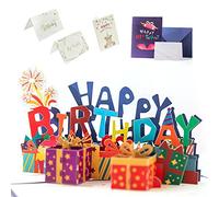 1 biglietto di auguri tridimensionale con scritta “Happy Birthday” e torta di compleanno, per bambini, mamme e papà, uomini, donne e colleghi (3 biglietti da scrivere gratuiti)