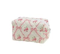 1 borsa for il trucco con cerniera, trapuntata e stampata a fiori, organizer for articoli da toeletta, grande viaggio for cosmetici(Brown)