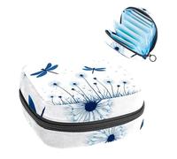 1 borsa per assorbenti igienici, grande, riutilizzabile, per il primo ciclo mestruale, per ragazze e donne, 17 x 17 x 12 cm, motivo libellule blu che volano intorno ai denti di leone