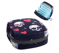 1 borsa per assorbenti igienici, grande, riutilizzabile, per il primo periodo, per ragazze, donne, donne, 17 x 17 x 12 cm, motivo San Valentino con occhio di stella, cuore e teschio