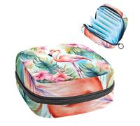 1 borsa per assorbenti igienici, grande, riutilizzabile, per il primo periodo, per ragazze, donne, donne, 17 x 17 x 12 cm, motivo tropicale con foglie di palma e fenicottero e acquerelli