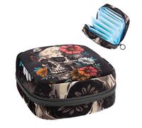 1 borsa per assorbenti igienici, grande, riutilizzabile, per il primo periodo, per ragazze, donne, donne, 17 x 17 x 12 cm, teschio e fiori, giorno dei morti su sfondo nero