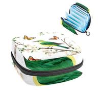 1 borsa per assorbenti igienici, grande, riutilizzabile, per il primo periodo, per ragazze, donne, donne, 17 x 17 x 12 cm, uccello verde e farfalle colorate tra rami floreali