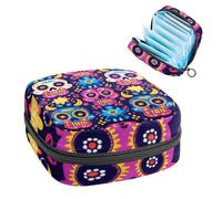 1 borsa per assorbenti igienici, grande, riutilizzabile, per il primo periodo, per ragazze, donne, donne, 17 x 17 x 12 cm, motivo colorato con teschio del giorno dei morti
