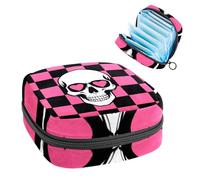 1 borsa per assorbenti igienici, grande, riutilizzabile, per il primo periodo, per ragazze, donne, donne, 17 x 17 x 12 cm, teschi e cuori, sfondo a scacchi nero e rosa