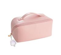 1 borsa per cosmetici da donna di grande capacità, custodia per cosmetici portatile con scomparti, astuccio in pelle rosa, accessori da viaggio multifunzionali, con 1 ciondolo a forma di gatto.